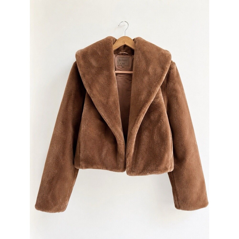BlankNYC Brown Faux Fur Cropped Jacket Oversized Shawl Collar Coat Medium
